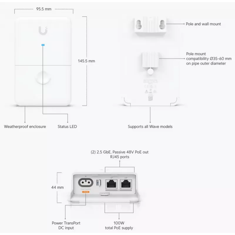 Ubiquiti UISP dvigubas maitinimo injektorius 2.5 Gigabit Ethernet 48 V