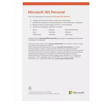 Prenumerata Microsoft 365 Personal – 1 vartotojas, iki 5 įrenginių, 12 mėnesių, lenkų kalba, parsisiuntimas