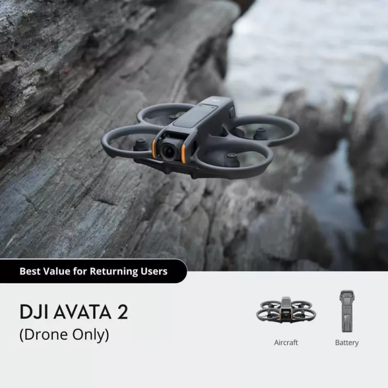Dronas DJI Avata 2 – maksimalus nuotolis 13 000 m, maks. greitis 27 m/s, 4 rotorai, juodas (be akinių ar nuotolinio valdiklio)