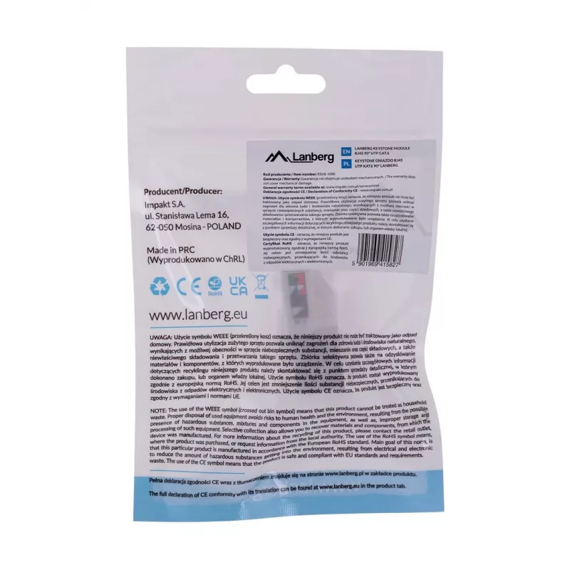 Keystone modulis LANBERG KSU6-1090, Cat6 U/UTP plokščias, RJ-45 vyriškas į LSA moterišką, AWG 22/26, 14,5×16,1 mm, baltas