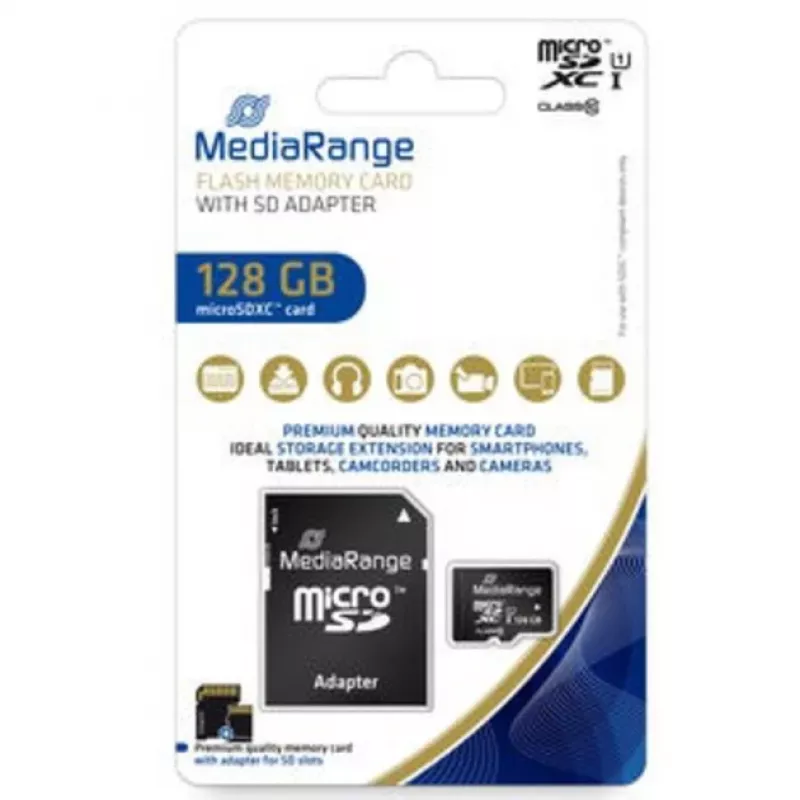 MediaRange MR945 – „Flash“ atminties kortelė microSDXC su SD adapteriu, 128 GB, UHS-I / Class10, juoda