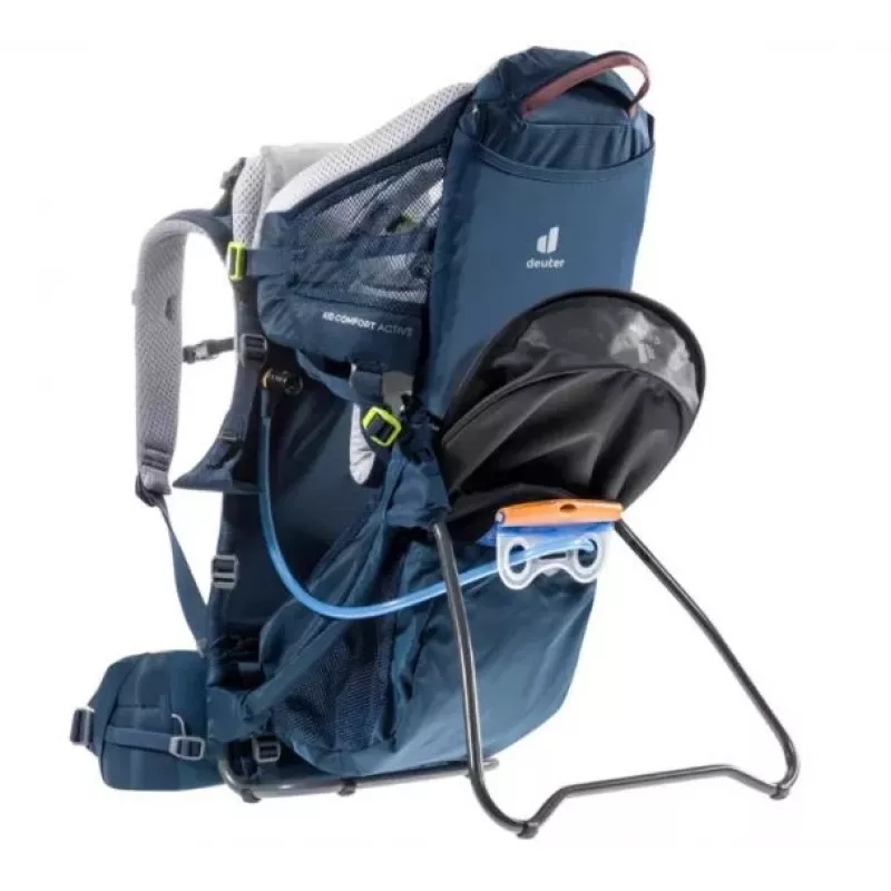 Kūdikio nešimo kuprinė DEUTER Kid Comfort Active – mėlyna, poliamidas, iki 22 kg, saulės stogelis, kojų atrama, VariQuick, Lite Air