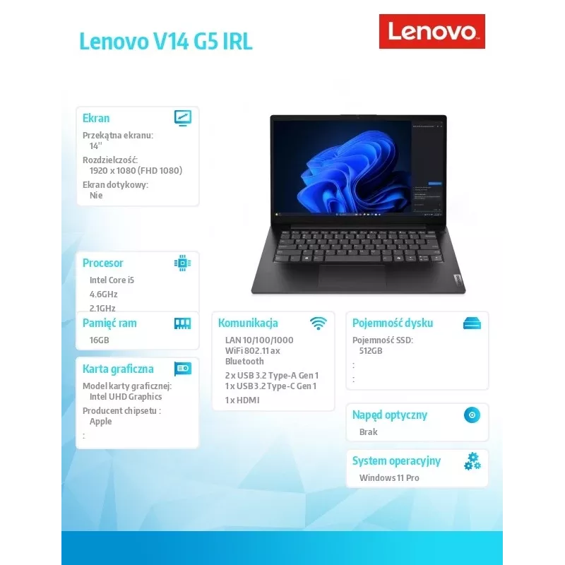 Nešiojamas kompiuteris Lenovo V14 G5 83GU008FPB – Intel i5-13420H, 16 GB RAM, 512 GB SSD, 14,0 colio FHD, Windows 11 Pro, Business Black, 3 metų OS + 1 metų CI garantija
