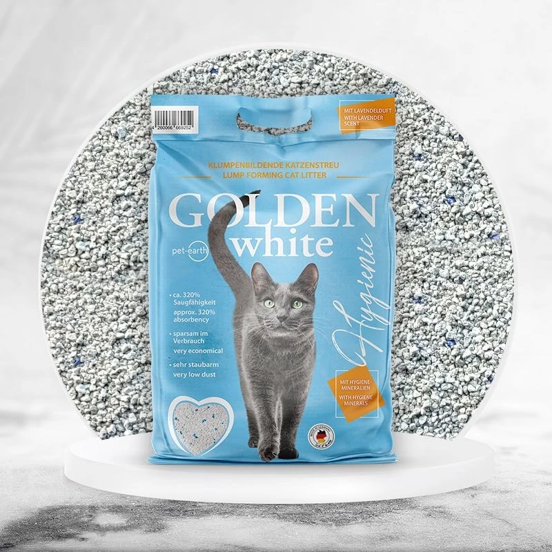 Bentonitinis kaupiantis kačių kraikas Golden Grey 7 kg, levandų kvapo, be dulkių, nelimpantis