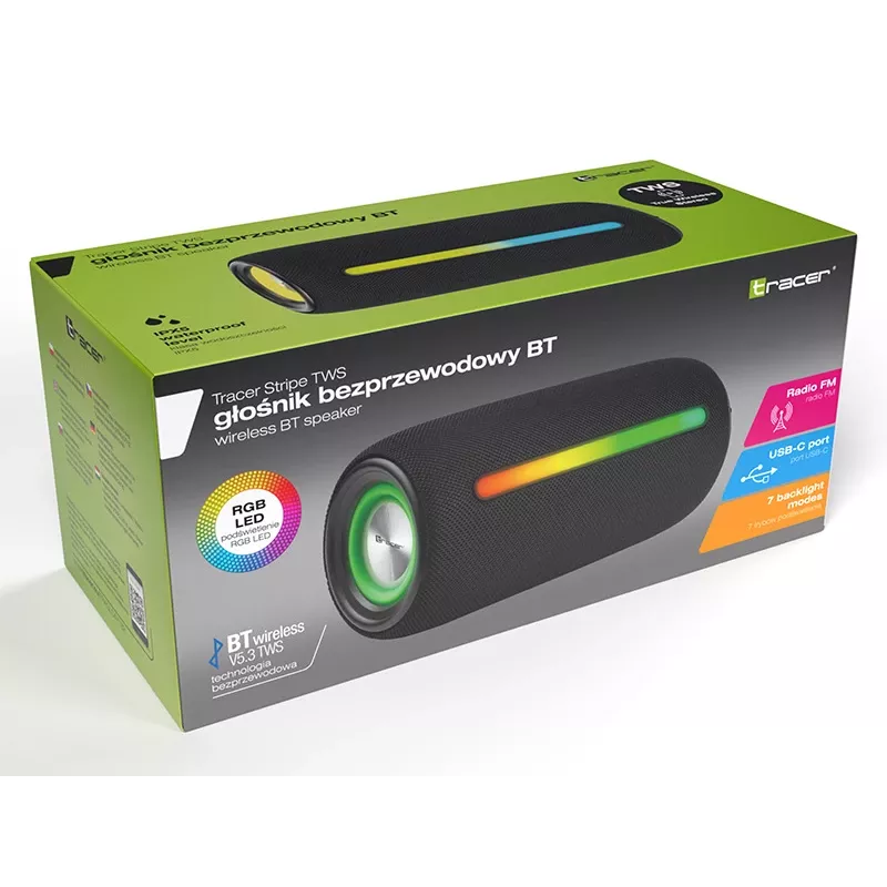 Nešiojamas stereofoninis garsiakalbis TRACER Stripe Black - 10 W RMS, Bluetooth / Laidinis, USB-A ir USB-C, MicroSD, įmontuota baterija (iki 5 h)