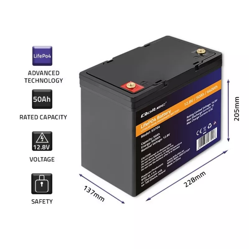 LiFePO4 akumuliatorius QOLTEC 12.8V 50Ah (53704) – atsarginiam maitinimui ir energijos kaupimui