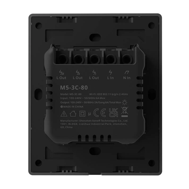 Išmanusis sieninis jungiklis Sonoff M5-3C-80 Wi‑Fi – 3 mygtukai, juodas