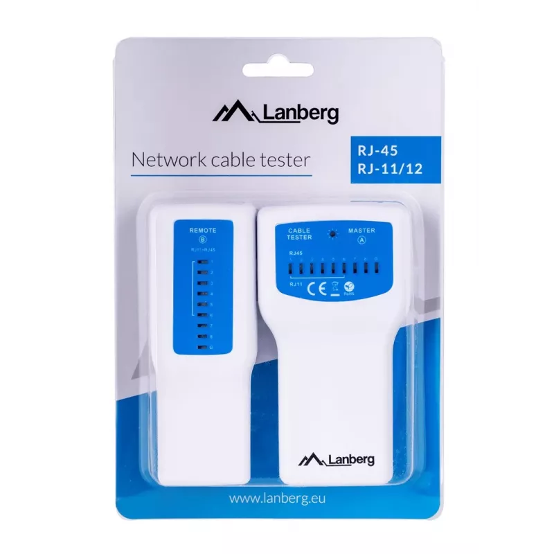 PoE kabelių testeris LANBERG NT-0402 – tinklo kabelių tikrintuvas su RJ-45/RJ-11, LED indikatoriais