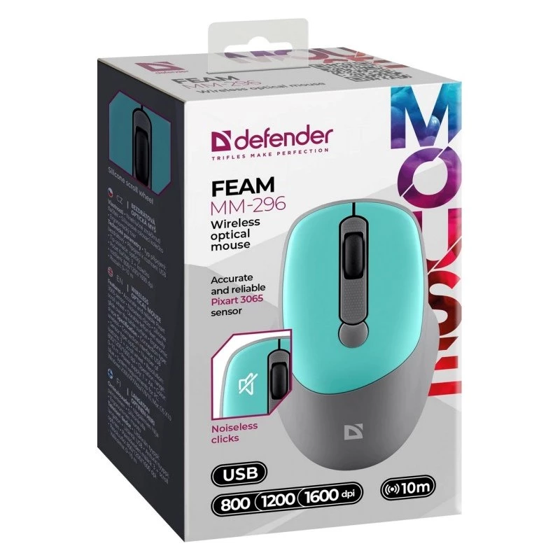 Belaidė pelė DEFENDER Silent Click C Mint 52294 – ambidekstrinė, 1600 DPI, 2.4 GHz nano USB