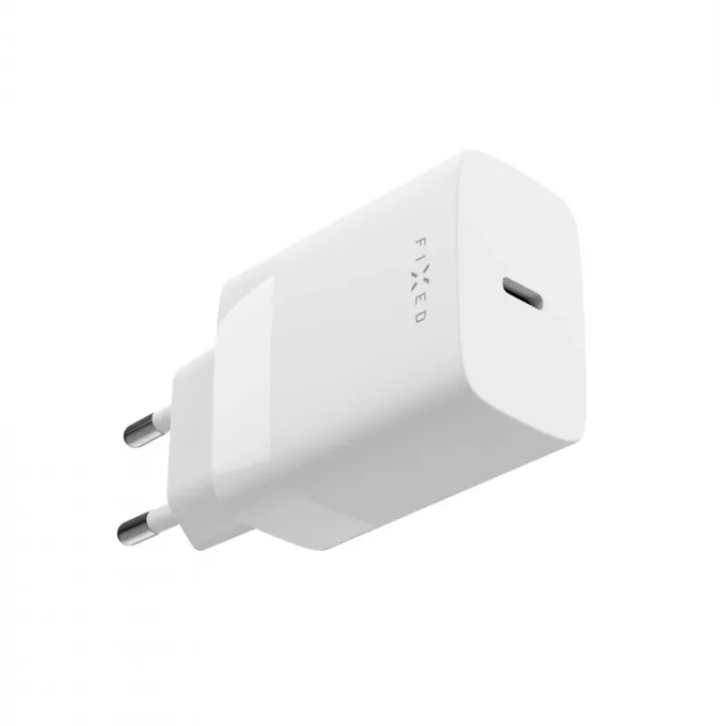 USB-C kelioninis įkroviklis FIXED FIXC30N-C-WH — 30W kompaktiškas USB-C maitinimo adapteris, vieno prievado greitasis įkrovimas