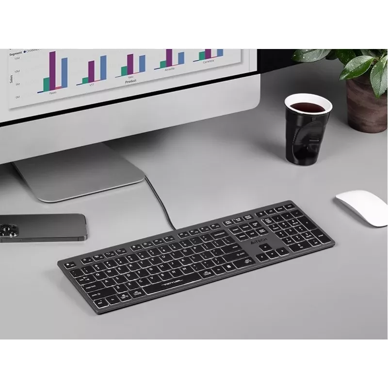 Laidinė klaviatūra A4Tech FX60H USB QWERTY – pilno dydžio 100%, baltas foninis apšvietimas, pilka, USB stotelė