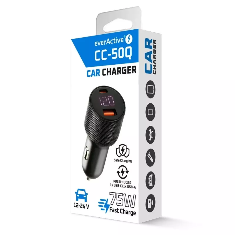 Automobilinis kroviklis everActive CC-50Q QC3.0 75W su Quick Charge 3.0 palaikymu ir USB prievadais