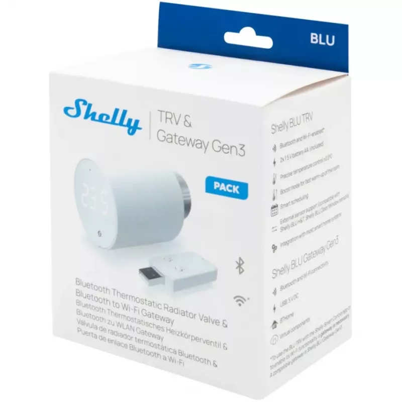 Termostatinis radiatoriaus vožtuvo rinkinys Shelly Heating Control BLU TRV + BLU Gateway Gen. 3 — M30×1.5, Wi‑Fi, AA baterijos, 78 mm aukštis