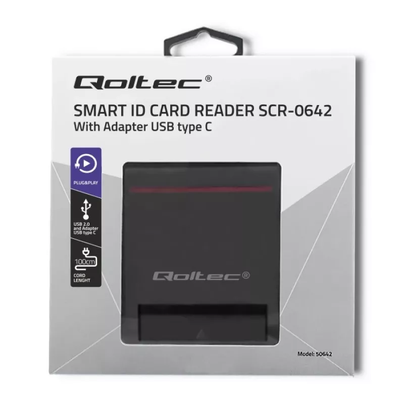 ID kortelių skaitytuvas QOLTEC Smart chip ID card scanner – USB, juodas, 84,5×65×16 mm, 63 g