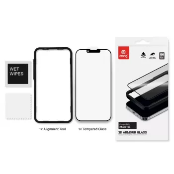 Grūdinto stiklo apsauginis stikliukas Crong iPhone 16e / 14 / 13 / 13 Pro — 3D pilnas padengimas