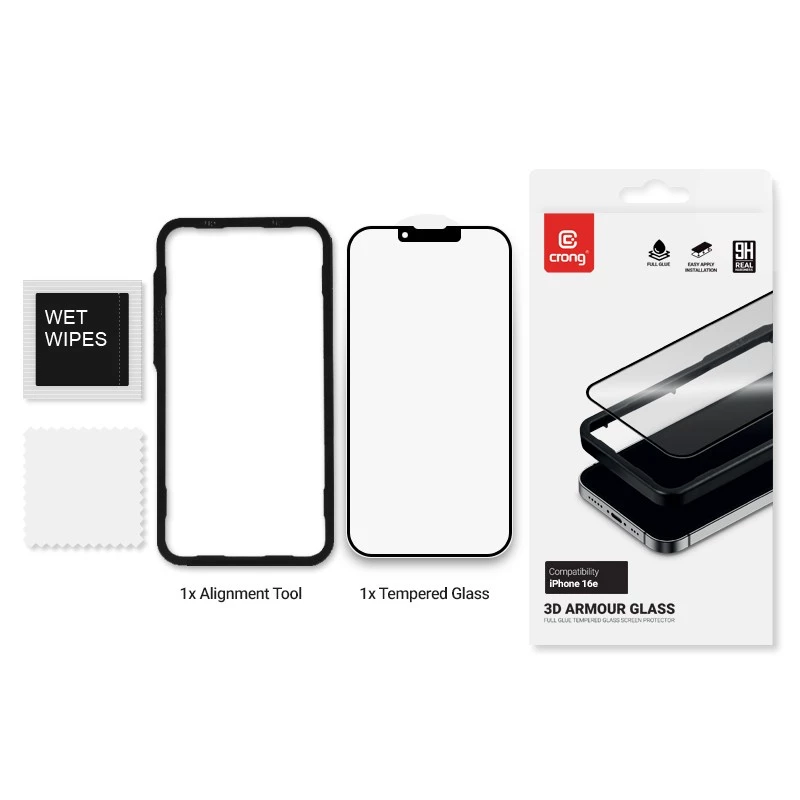 Grūdinto stiklo apsauginis stikliukas Crong iPhone 16e / 14 / 13 / 13 Pro — 3D pilnas padengimas