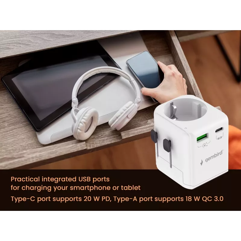Kelioninis maitinimo adapteris GEMBIRD TPA-EU1A1C20-01-W 20W, USB-A 18W + USB-C 20W, Schuko kištukas, įėjimas 100–250V