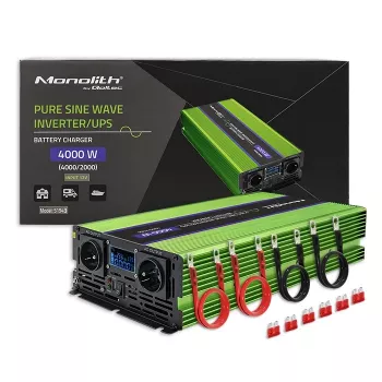 Qoltec Monolith įtampos keitiklis | Akumuliatoriaus įkroviklis | UPS | 2000 W | 4000 W | 12 V į 230 V | Grynas sinusas | LCD juodai žalias