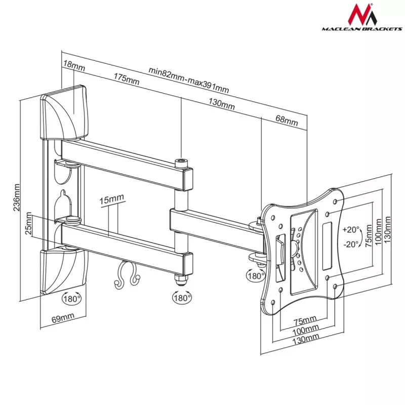 Sieninis TV/monitoriaus laikiklis MACLEAN MC-719, iki 68,6 cm (27 colių), 15 kg, VESA 100x100, juodas