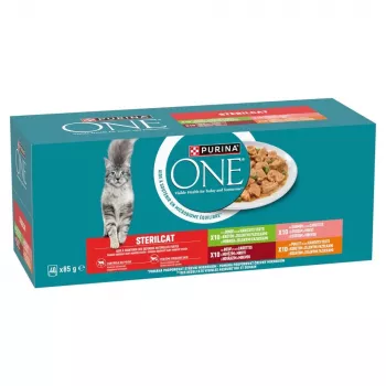 PURINA One Sterilcat jautiena, lašiša, vištiena, kalakutiena – šlapias kačių ėdalas – 40x85 g