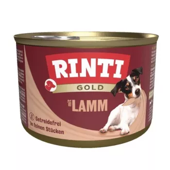 Šlapias šunų ėdalas RINTI Gold ėriena 185 g – pilnavertis konservuotas mėsa suaugusiems šunims