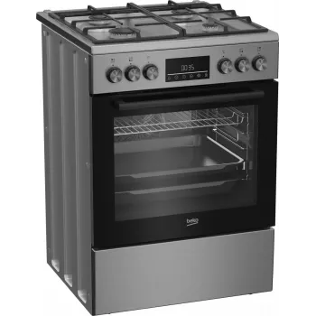 Dujinė-elektrinė viryklė BEKO FBM62330GXTN 60 cm, 4 degiklių dujinė kaitlentė, 72 L elektrinė orkaitė, energijos klasė A