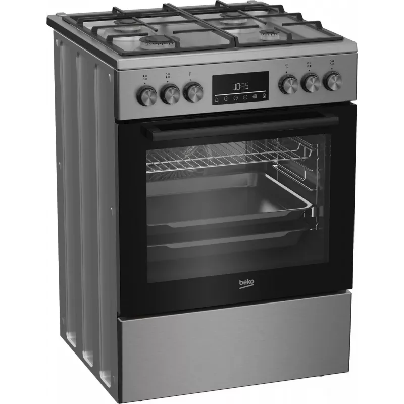 Dujinė-elektrinė viryklė BEKO FBM62330GXTN 60 cm, 4 degiklių dujinė kaitlentė, 72 L elektrinė orkaitė, energijos klasė A