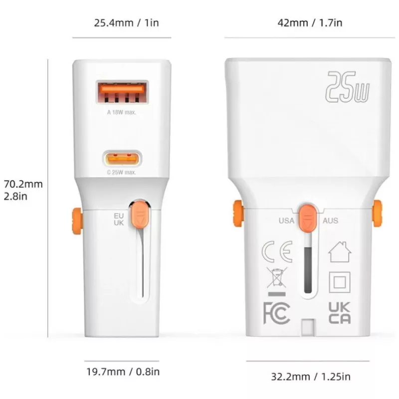 Keliautojas įkroviklis 25W World Travel 25W USB-C + A