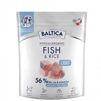 BALTICA Nutraceutic Hypoallergenic Light M sausa ėdalas šunims su žuvimi ir ryžiais 1 kg