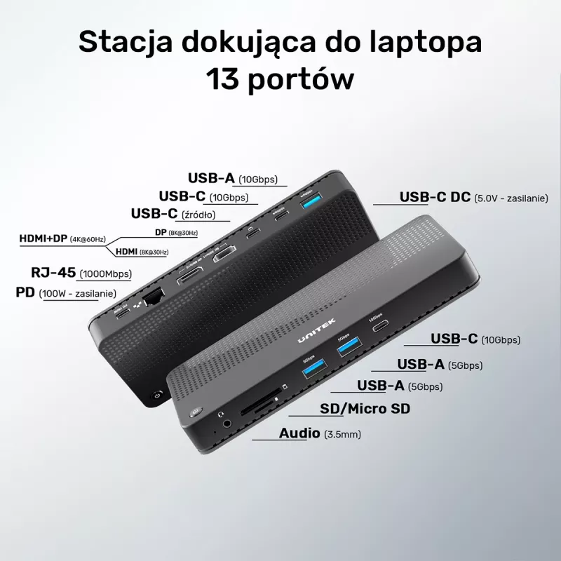 Docking stotelė UNITEK D1079A USB4 juoda 100W galios tiekimas
