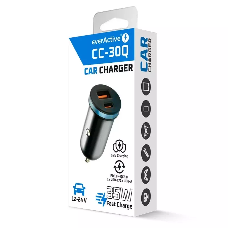Automobilinis įkroviklis everActive CC-30Q QC3.0 35W — 1x USB-A, 1x USB-C, greitas įkrovimas