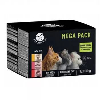 Šlapio maisto paketėliai katėms PetRepublic 12x100 g – vištiena, lašiša, veršiena
