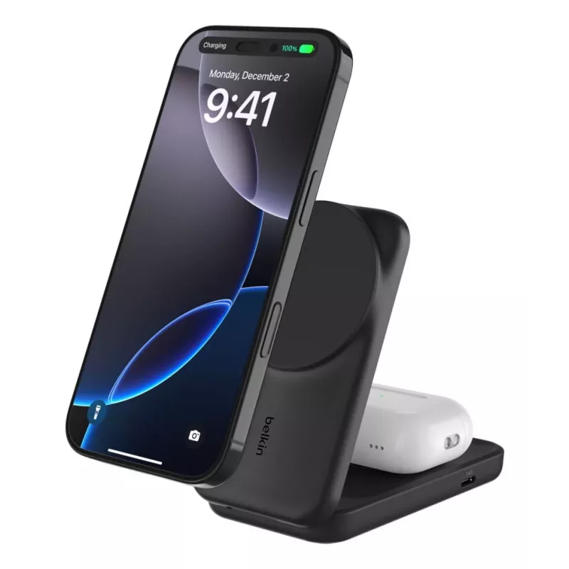 Belkin UltraCharge 25 W Qi2 2 viename sulankstoma belaidė krovimo stotelė, juoda (WIZ038KQBK)