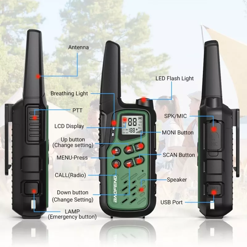 Nešiojama racija Baofeng BF-T25E — 16 kanalų, 2×1400 mAh Li‑Ion, VOX, LCD, žalia, rinkinys 2 vnt