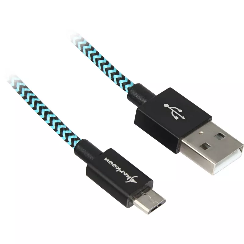 USB 2.0 laidas, USB-A kištukas > Micro-USB kištukas (juoda/šviesiai mėlyna, 1 metras, pintas)