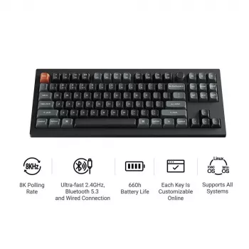 Mechaninė klaviatūra Keychron V3 Ultra 8K — QWERTY, Bluetooth ir laidinė, RGB, juoda