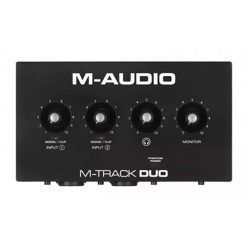 Garso sąsaja M-Audio M-Track Duo – USB 2 įėjimai / 2 išėjimai, 16 bitų / 48 kHz, 1x XLR/TS kombinuotas, 1x instrumentinis įėjimas, fantominis maitinimas 48V