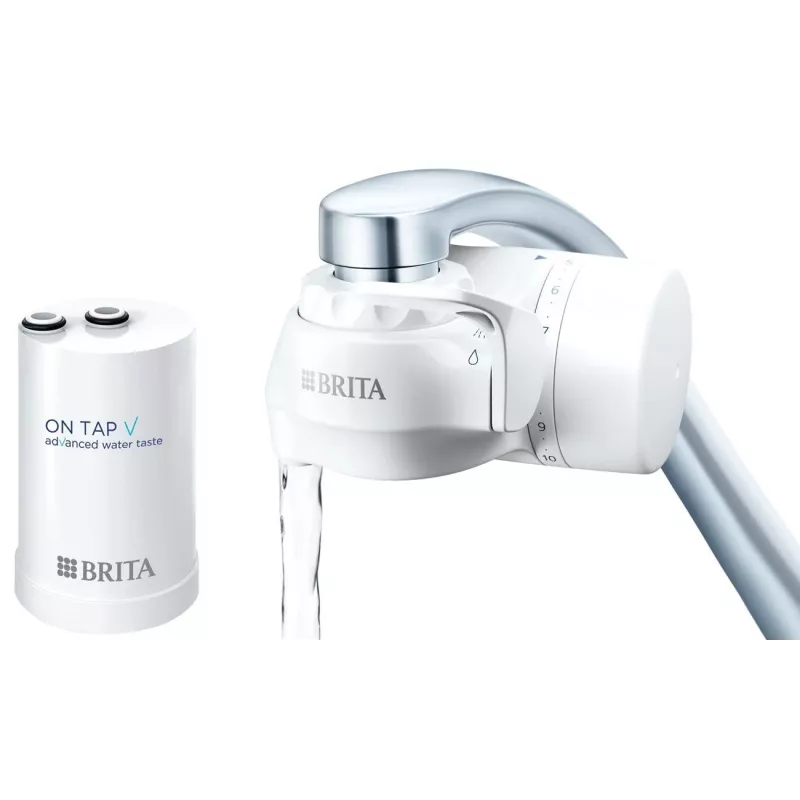 Vandens filtro ant čiaupo BRITA ON TAP V CU CE2 (1052067) — 4 pakopų, 600 l talpa, 3 režimai, 5 adapteriai, balta