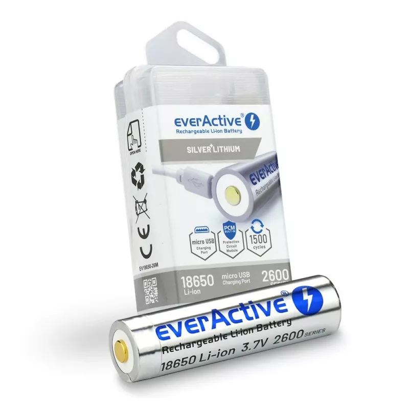 Baterija everActive 18650 3.7V Li-ion 2600mAh su micro USB ir apsauga DĖŽUTĖJE