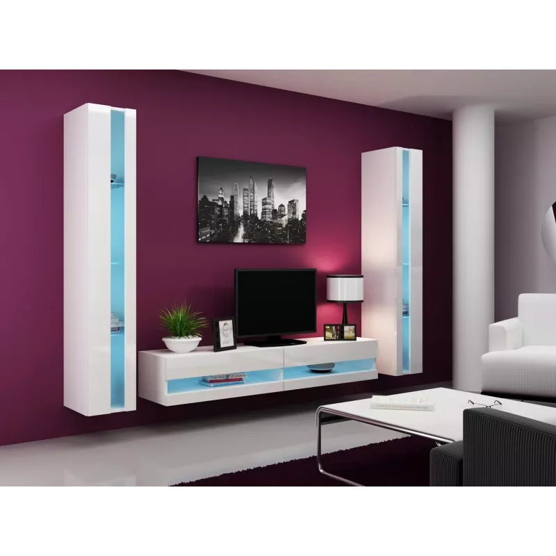 TV stovas cama meble VIGO NEW 30/180/40, baltas blizgus viršus, medžio drožlių plokštė, 1800×400×300 mm