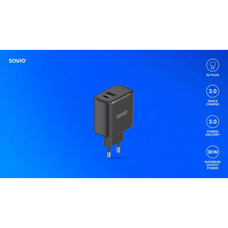 SAVIO LA-06/B USB-C 30W Power Delivery 1xUSB-C juodas