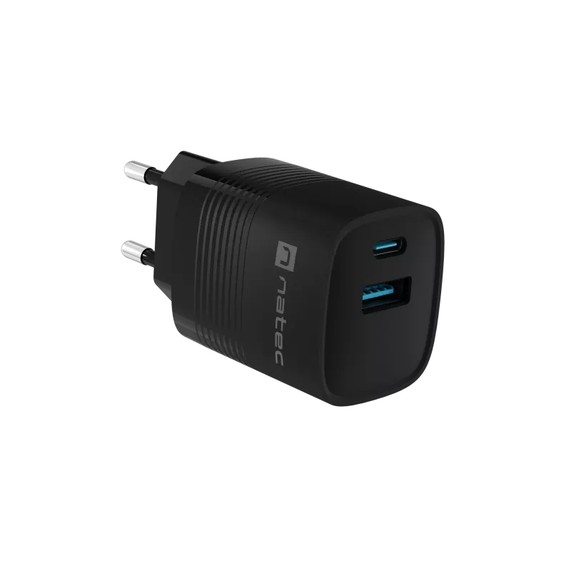 NATEC NUC-2141 laidinis mobiliojo įrenginio įkroviklis, 30W, USB-C PD 3.0 + USB-A QC 3.0, 110–240V, juodas