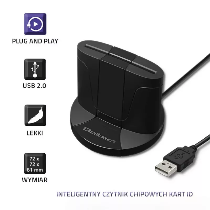 Qoltec 50632 USB 2.0 juodas kortelių skaitytuvas su 1 m laidu