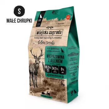 Sausas šunų ėdalas wiejskazagroda Forest Flavors Kiauliena su Elniena Crunchy S – Mažoms veislėms, 9 kg, 31% baltymų, 20% riebalų, be grūdų
