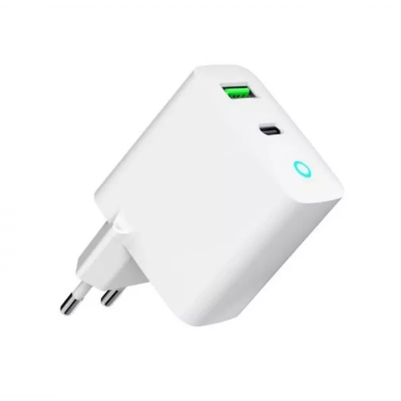Sieninis įkroviklis GEMBIRD, Universalus, 1× USB Type-C 20W, 1× USB-A 3.0 QC 18W, LED indikatorius, Baltas
