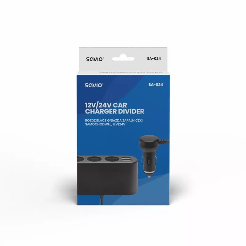 Automobilinis USB įkroviklis SAVIO SA-024 – universalus mobiliųjų įrenginių įkroviklis, įėjimas 12–24 V, išėjimas 5 V, juodos spalvos, cigarečių degiklio lizdui