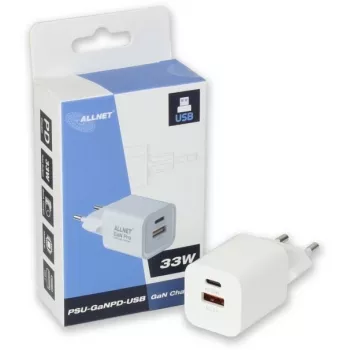 ALLNET maitinimo adapteris PSU-GaNPD-USB-1A1C-33W – 33W USB-C PD ir USB-A QC įkroviklis su EU kištuku