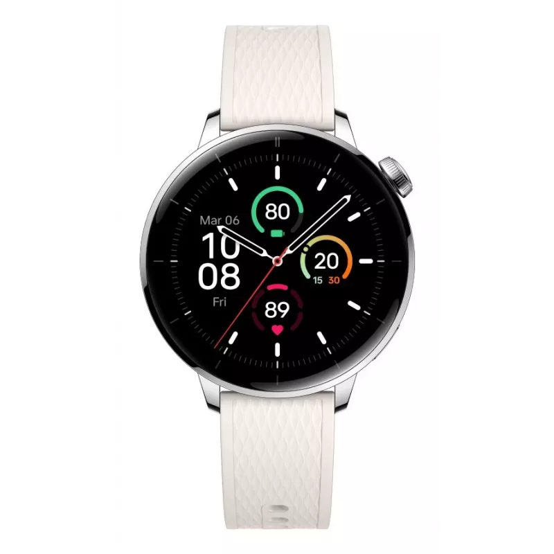 Išmanusis laikrodis ONEPLUS OnePlus Watch 3 43 mm, 1,32 colio AMOLED 466×466, Titanium/Silver, balta guminė juosta, GPS, Wi‑Fi