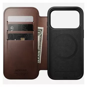 Mobiliojo telefono dėklas Nomad Modern Leather Folio, skirtas iPhone 17 Pro, oda/aliuminis, 16 cm (6,3 colio), rudas, 4 kortelių kišenės
