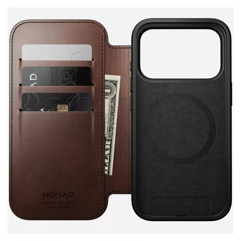 Mobiliojo telefono dėklas Nomad Modern Leather Folio, skirtas iPhone 17 Pro, oda/aliuminis, 16 cm (6,3 colio), rudas, 4 kortelių kišenės